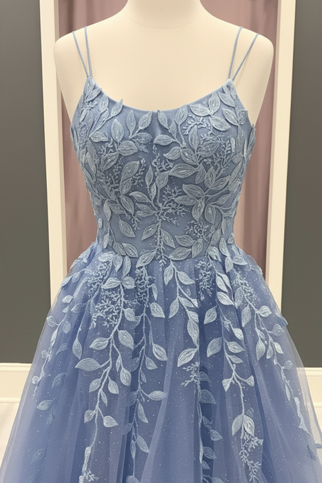 A Line Blue Lace Long Prom Dresses, Blue Lace Formal Dresses, Blue Evening Dresses
