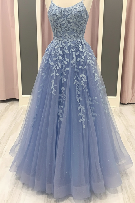A Line Blue Lace Long Prom Dresses, Blue Lace Formal Dresses, Blue Evening Dresses