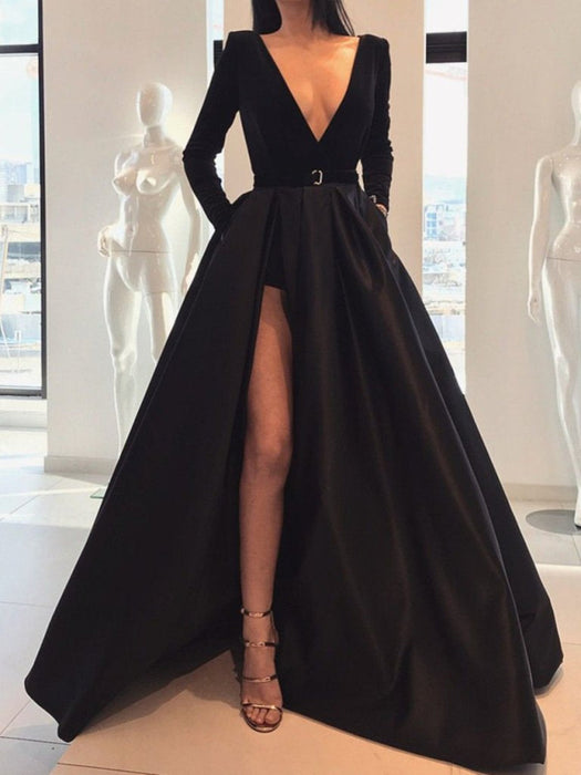 A Line Deep V Neck Black/Burgundy Long Sleeves Satin Prom With Leg Sli Bridelily A Line Deep V Neck Black/Burgundy Long Sleeves Satin Prom With Leg Sli Bridelily