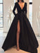 A Line Deep V Neck Black/Burgundy Long Sleeves Satin Prom Dresses With Leg Slit, Black/Burgundy Formal Dresses, Graduation Dresses, Evening Dresses