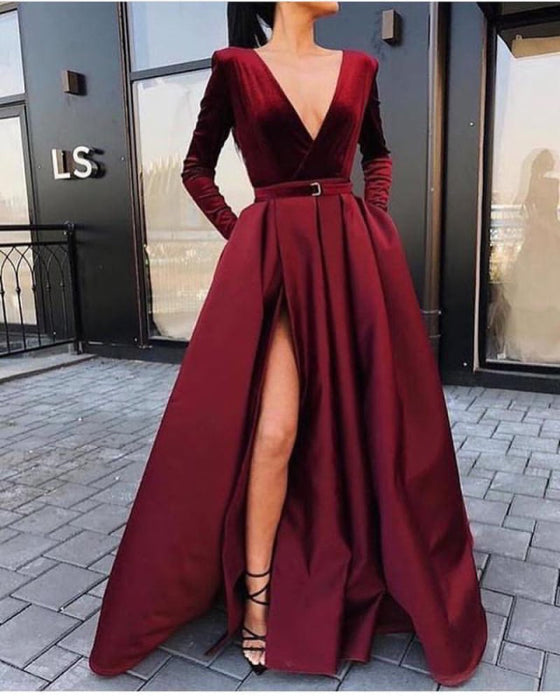 A Line Deep V Neck Black/Burgundy Long Sleeves Satin Prom With Leg Sli Bridelily A Line Deep V Neck Black/Burgundy Long Sleeves Satin Prom With Leg Sli Bridelily