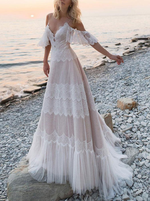 boho wedding dresses 2021 a line deep v neck straps lace short sleeve bridal gown for beach wedding with sweep train