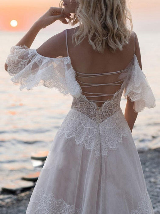 Deep V Neck Boho Lace Wedding Dress A-Line Short Sleeves– Bridelily