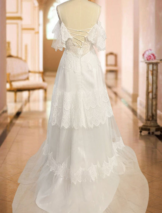 boho wedding dresses 2021 a line deep v neck straps lace short sleeve bridal gown for beach wedding with sweep train