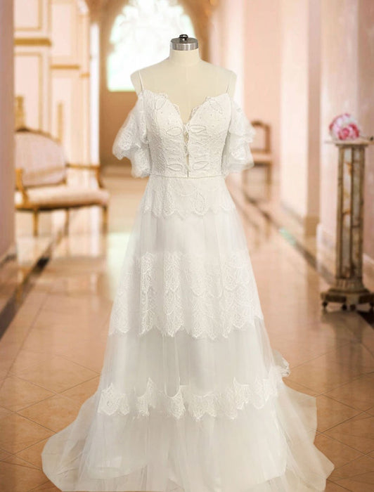 boho wedding dresses 2021 a line deep v neck straps lace short sleeve bridal gown for beach wedding with sweep train