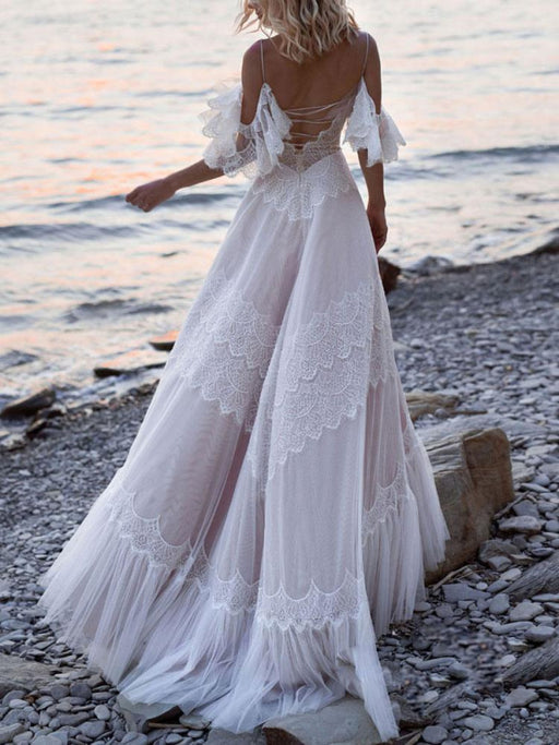 boho wedding dresses 2021 a line deep v neck straps lace short sleeve bridal gown for beach wedding with sweep train