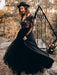 Black Wedding Dresses A-Line Designed Neckline Long Sleeves Natural Waistline Tulle Lace Sweep Bridal Gown