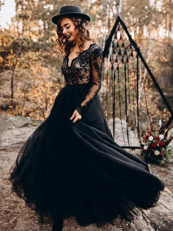 A-Line Designed Black Wedding Dresses Long Sleeves-Bridelily