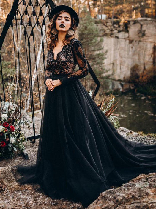 Black Wedding Dresses A-Line Designed Neckline Long Sleeves Natural Waistline Tulle Lace Sweep Bridal Gown