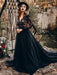 Black Wedding Dresses A-Line Designed Neckline Long Sleeves Natural Waistline Tulle Lace Sweep Bridal Gown