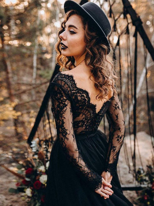 A-Line Designed Black Wedding Dresses Long Sleeves-Bridelily A-Line Designed Black Wedding Dresses Long Sleeves-Bridelily