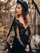 Black Wedding Dresses A-Line Designed Neckline Long Sleeves Natural Waistline Tulle Lace Sweep Bridal Gown