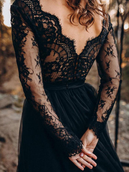 A-Line Designed Black Wedding Dresses Long Sleeves-Bridelily A-Line Designed Black Wedding Dresses Long Sleeves-Bridelily