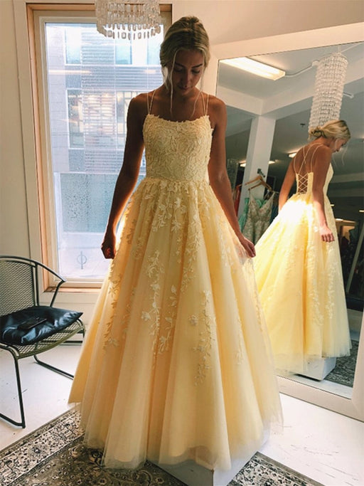 A Line Lace Long Formal Dress Yellow Spaghetti Straps-Bridelily