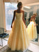 A Line Floor Length Long Yellow Lace Prom Dresses, Yellow Lace Formal Graduation Evening Dresses