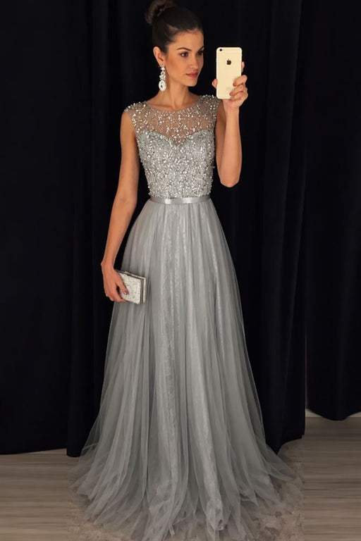A-line Gray Sleeveless Tulle Sequined Long Formal Dress Prom Dresses - Prom Dresses