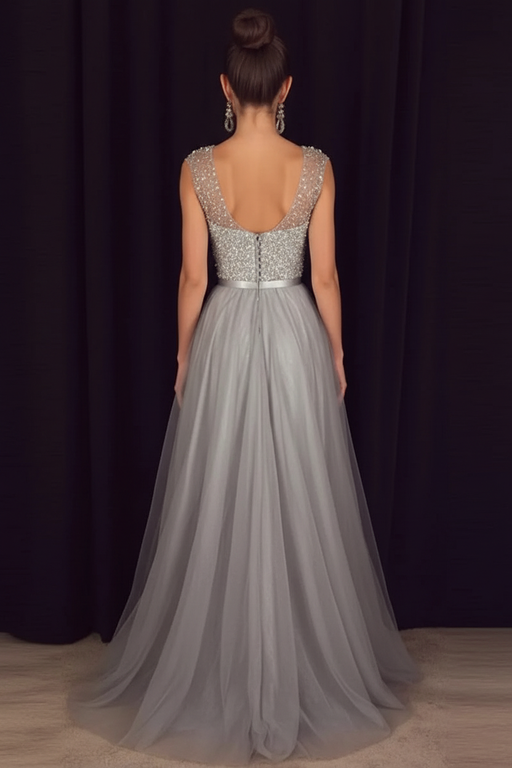 A-line Gray Sleeveless Tulle Sequined Long Formal Dress Prom Dresses - Prom Dresses