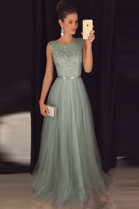 A-line Dusty Sage Sleeveless Tulle Sequined Long Formal Dress Prom Dresses - Prom Dresses
