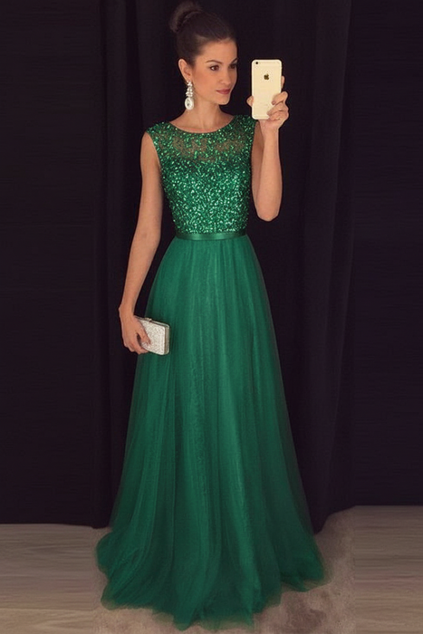 A-line Gray Sleeveless Tulle Sequined Long Formal Dress Prom Dresses - Prom Dresses