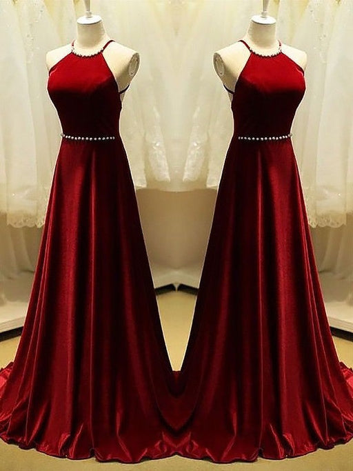 A-Line Halter Sleeveless Sweep/Brush Train With Beading Satin Dresses - Prom Dresses