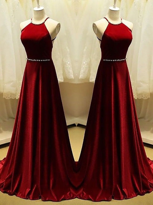 A-Line Halter Sleeveless Sweep/Brush Train With Beading Satin Dresses - Prom Dresses