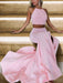 A-Line Halter Sleeveless Sweep/Brush Train With Ruffles Satin Two Piece Dresses - Prom Dresses