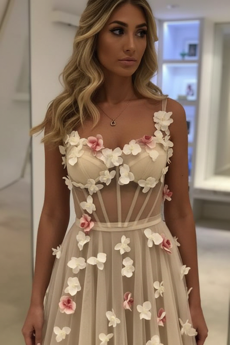 A-line Hand-Made Flower Formal Dress Sexy Sleeveless Straps Prom Gowns with Flowers - Prom Dresses