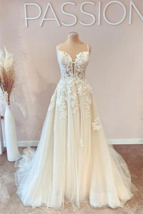 A-Line Lace Wedding Gown with Spaghetti Straps and Tulle - Wedding Dresses