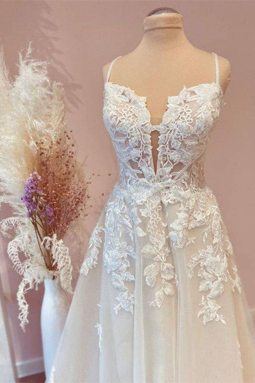 A-Line Lace Wedding Gown with Spaghetti Straps and Tulle