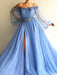 A-Line/Princess Long Sleeves Off-the-Shoulder Tulle Beading Floor-Length Dresses - Prom Dresses