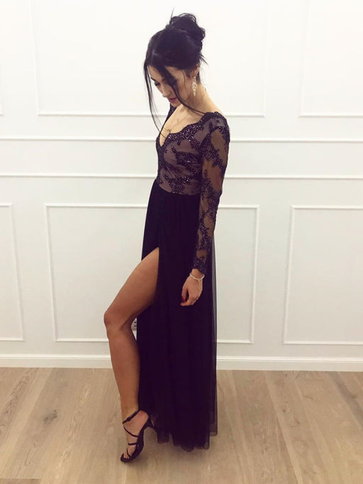 A Line Long Sleeves V Neck Lace Black Prom Dresses with  V Neck Long Sleeves Black Lace Formal Dresses, Black Lace Evening Dresses