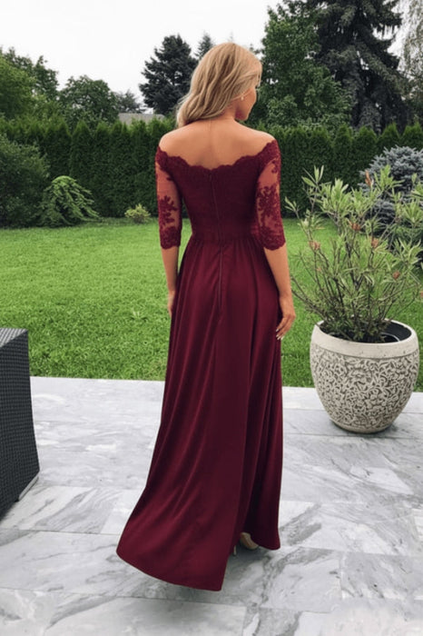 A Line Off Shoulder Half Sleeves Lace Prom Dress with Slit-Bridelily A Line Off Shoulder Half Sleeves Lace Prom Dress with Slit-Bridelily