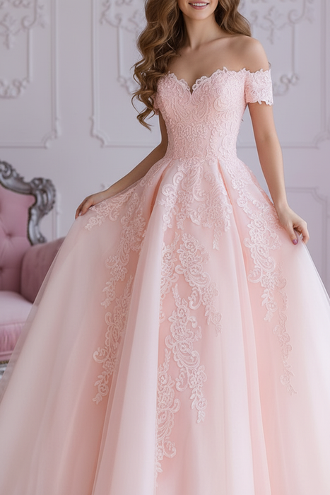 A Line Off Shoulder Pink Lace Prom Dresses