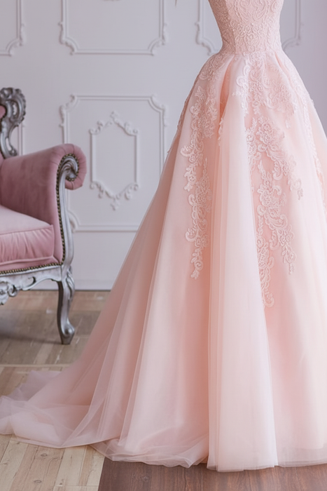 A Line Off Shoulder Pink Lace Prom Dresses