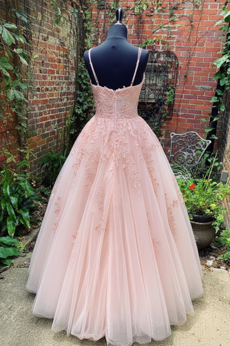 A Line Pink Lace Long Prom Dresses Wedding Dresses