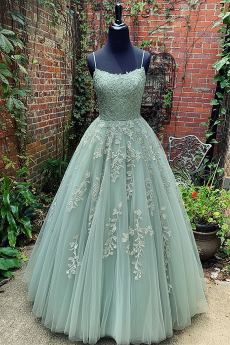 Sage Green A Line Lace Long Prom Dresses 