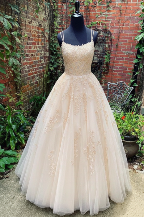 Sleeveless Creamy Apricot A Line Lace Long Prom Dresses 