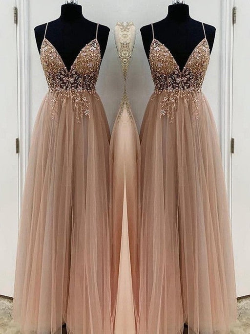 A-Line/Princess Beading Tulle Spaghetti Straps Sleeveless Floor-Length Dresses - Prom Dresses