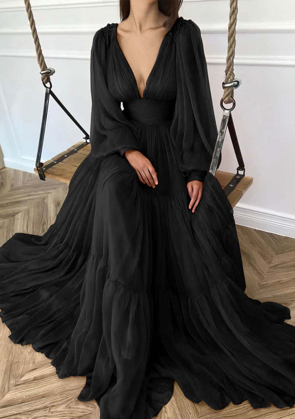 A-line V-Neck Long Sleeve Chiffon Dress Watermelon main image 1
