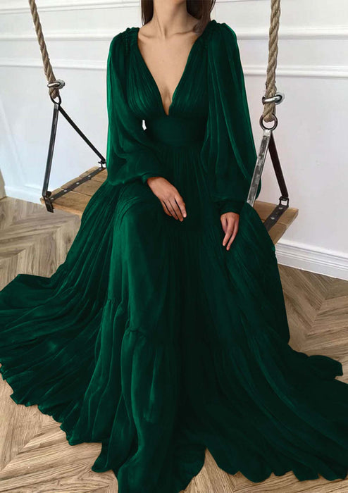V-neck Long Sleeves 3D Chiffon Ruffles Aline Evening Dress