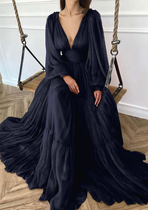 V-neck Long Sleeves 3D Chiffon Ruffles Aline Evening Dress