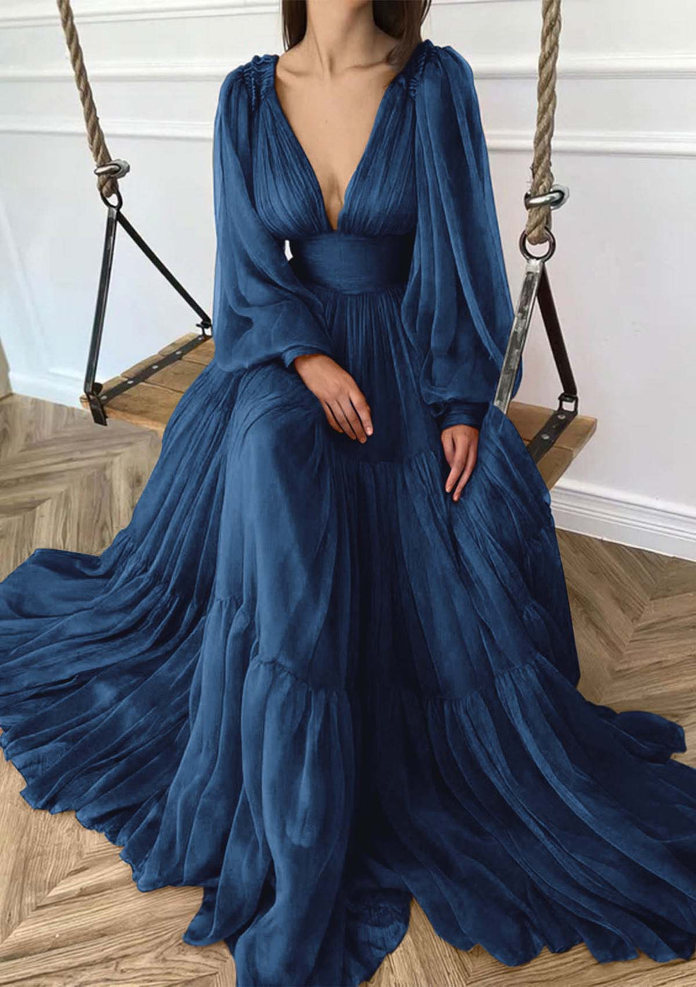 Chiffon Flutter Cape Sleeves V-Neck A-Line Gown Ink Blue