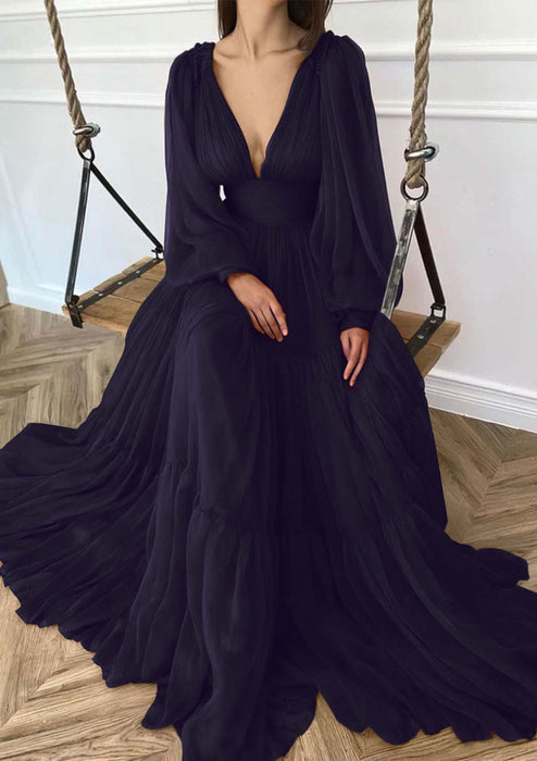 V-neck Long Sleeves 3D Chiffon Ruffles Aline Evening Dress