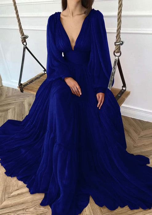 V-neck Long Sleeves 3D Chiffon Ruffles Aline Evening Dress