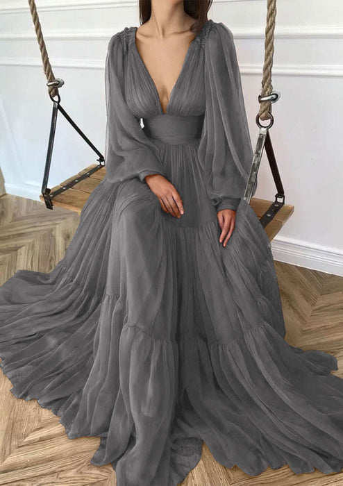V-neck Long Sleeves 3D Chiffon Ruffles Aline Evening Dress