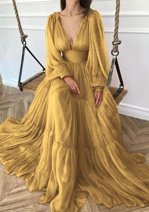 V-neck Long Sleeves 3D Chiffon Ruffles Aline Evening Dress