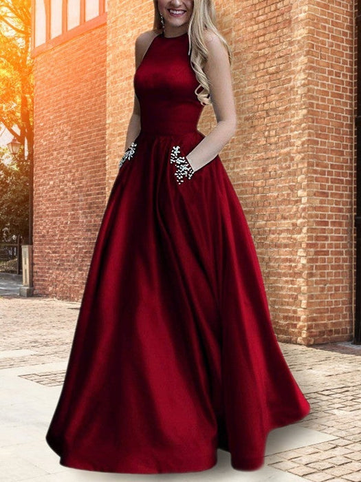 A-Line/Princess Halter Sleeveless Floor-Length Beading Satin Dresses Bridelily A-Line/Princess Halter Sleeveless Floor-Length Beading Satin Dresses Bridelily