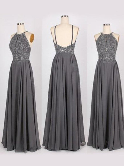 A-Line/Princess Halter Sleeveless Sweep/Brush Train Beading Chiffon Dresses - Prom Dresses