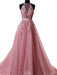 A-Line/Princess Halter Sleeveless Sweep/Brush Train Applique Tulle Dresses - Prom Dresses