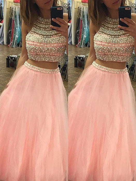 A-Line/Princess Halter Sleeveless Tulle Floor-Length Beading Two Piece Dresses - Prom Dresses